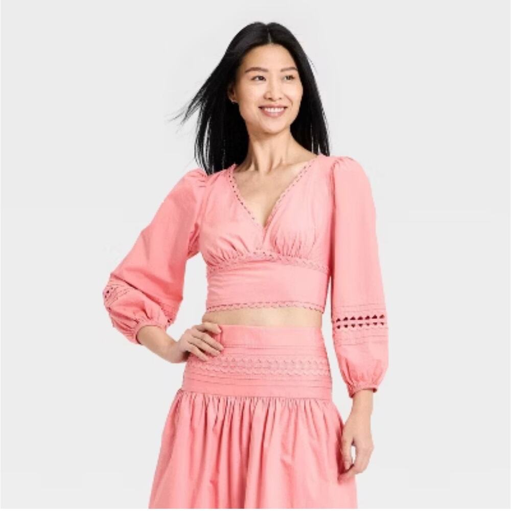 NEW A New Day Pink Cottagecore Crop Blouse Women's XL
